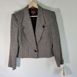 NWT SASSON Paris NY Houndstooth Wool Blend Cropped Jacket Sz 14/15 One Button
